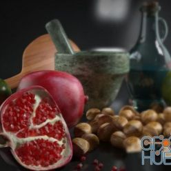 3D model Set of hazelnuts and pomegranate fruits