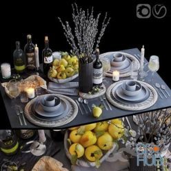 3D model Table setting with yellow apples