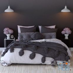 3D model Bed with accessories, the floor and the wall