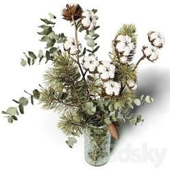 3D model Bouquet of eucalyptus, pine and cotton in a glass vase