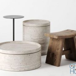 3D model Side tables set (travertine, metal, wood)