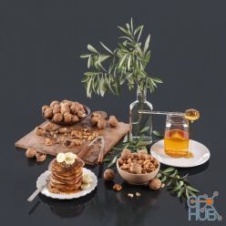 3D model Set with pancakes and walnut (Vray, Corona)