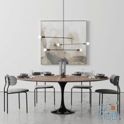 3D model Oval Tulip Dining Table 78 walnut set (Corona)