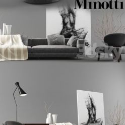 3D model Minotti Set 02 (Sofa + Armchair + Pillows + Pouf + Tables + Flor Lamp + frame + Vases)