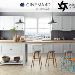 3D model Octane Cinema 4D Scene files - French Country Kitchen Interior 3D model