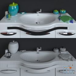 3D model Washbasin with mirror + decorative set 1