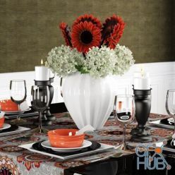 3D model Table setting with hydrangea and sunflower bouquet