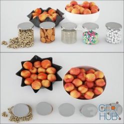 3D model Cookies, candies and peaches in a bowl