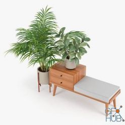 3D model Mid century storage bench Acorn with plants