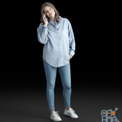 3D model Young woman in jeans and a shirt talking on a mobile phone (3D-Scan)