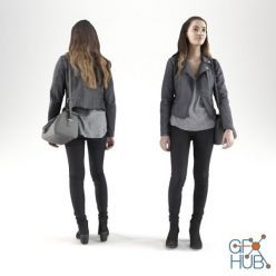 3D model Girl in a leather jacket stands with a bag (3d scan)