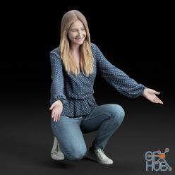 3D model Girl in jeans and a blouse squatting (3d scan)