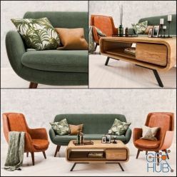 3D model Mid Century sofa and armchair set