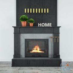 3D model Dark fireplace with decor