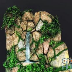 3D model Cliff with greenery and waterfall