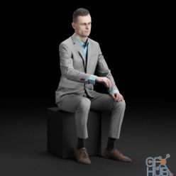 3D model Seated business man in gray suit and blue shirt (3d-scan)