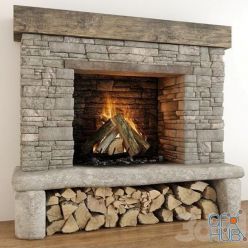 3D model Stone fireplace with firewood