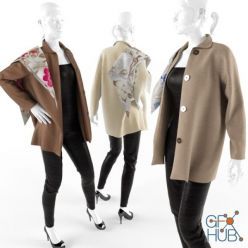 3D model Women's coat with a scarf