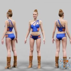 3D model Sexy Woman in Blue and Orange Swimsuit Bikini Posing A-Pose