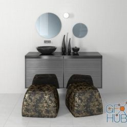 3D model Set with round mirrors and a black sink
