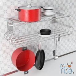 3D model Red pans and plates on the shelf
