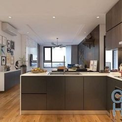 3D model Kitchen, Living Room & Bedroom Interior Scene