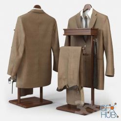 3D model Men's suit on a wooden floor hanger