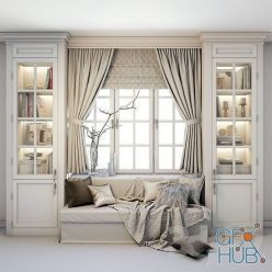 3D model Soft area at the window - a sofa with pillows, blankets, curtains, cabinets and decor