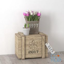 3D model Basket with tulips on a wooden box