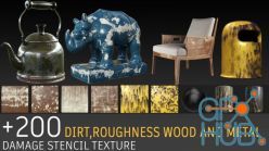 PBR texture ArtStation – +200 stencils: dirt and damage, roughness, metal, wood
