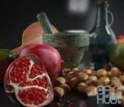 Set of hazelnuts and pomegranate fruits