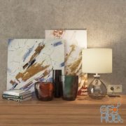 Pictures, books and table lamp