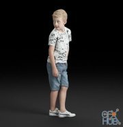 An ordinary boy stands in a T-shirt and shorts (3D scan)