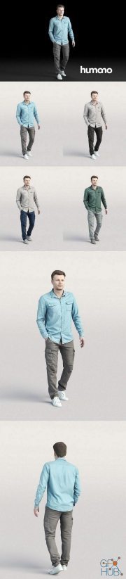Casual man in a blue shirt walking and talking