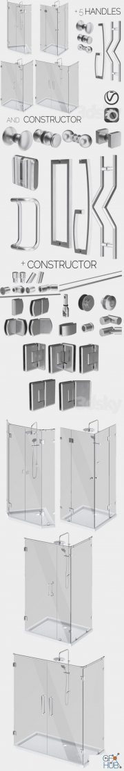 Angled glass shower cabins, designer and handle set