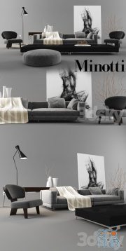 Minotti Set 02 (Sofa + Armchair + Pillows + Pouf + Tables + Flor Lamp + frame + Vases)