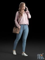 Young girl in blue jeans talking on the phone (3D-Scan)