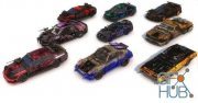 CGTrader – Pack Of 9 low poly game ready monster death race cars Low-poly 3D model