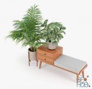 Mid century storage bench Acorn with plants