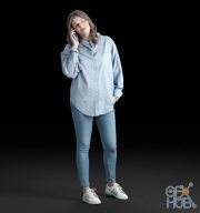 Young woman in jeans and a shirt talking on a mobile phone (3D-Scan)