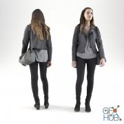 Girl in a leather jacket stands with a bag (3d scan)