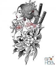 Japanese geisha with weapons and in military costume illustrations (EPS)