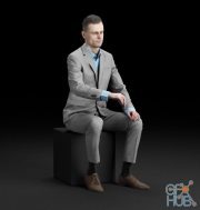 Seated business man in gray suit and blue shirt (3d-scan)