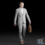 Business man in a gray suit with a leather bag (3D Scan)