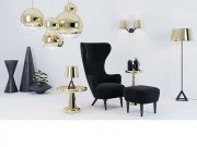 Wingback chair, Spun table, Base lamps and Stack vases by Tom Dixon