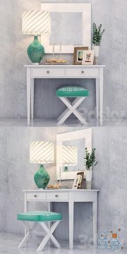 Dressing table with chair, table lamp, mirror and decor