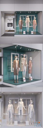 Shop front with female mannequins (Vray)