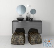 Set with round mirrors and a black sink