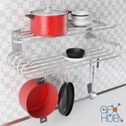Red pans and plates on the shelf