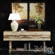 Wooden console with lamp and paintings